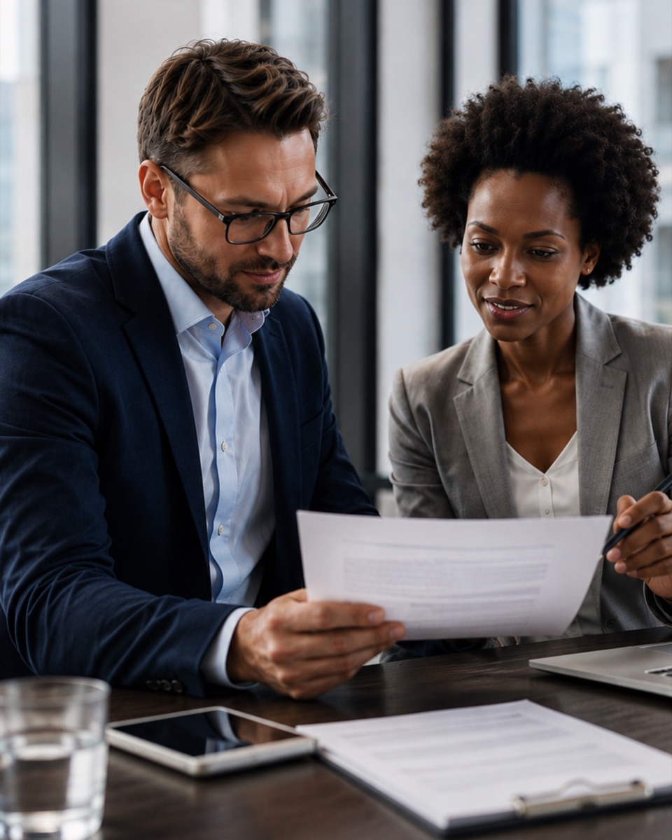 Employer and HR manager reviewing payroll documents